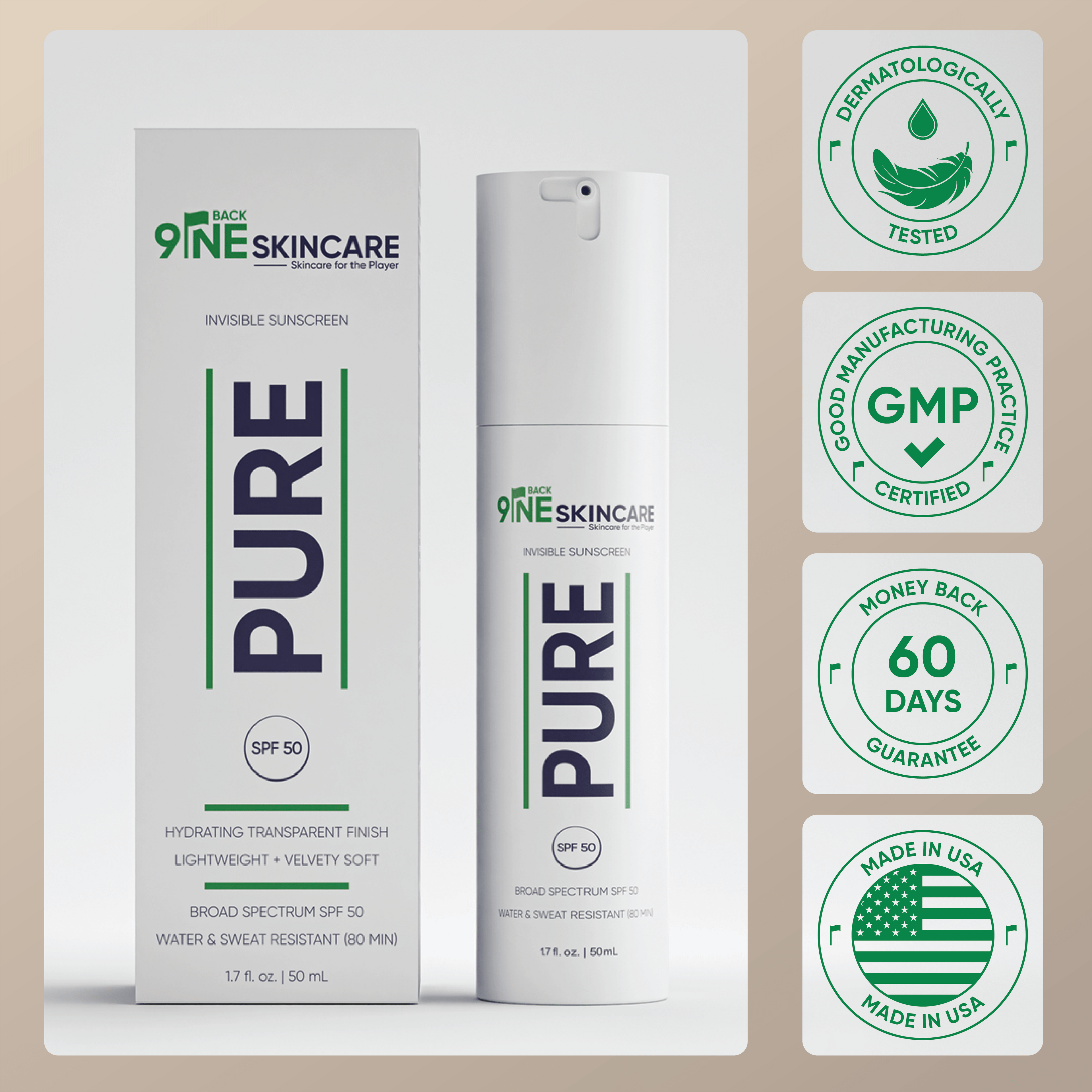 Best sunscreen for face: Back9ine PURE SPF 50 broad spectrum formula, Dermatologically Tested, Made in USA