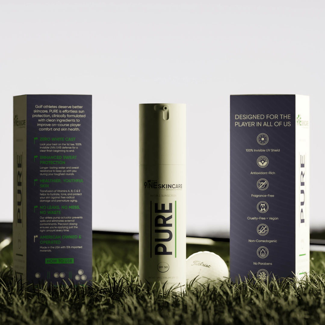 Back9ine PURE SPF 50 reef safe, cruelty-free, and paraben-free broad spectrum sunscreen packaging