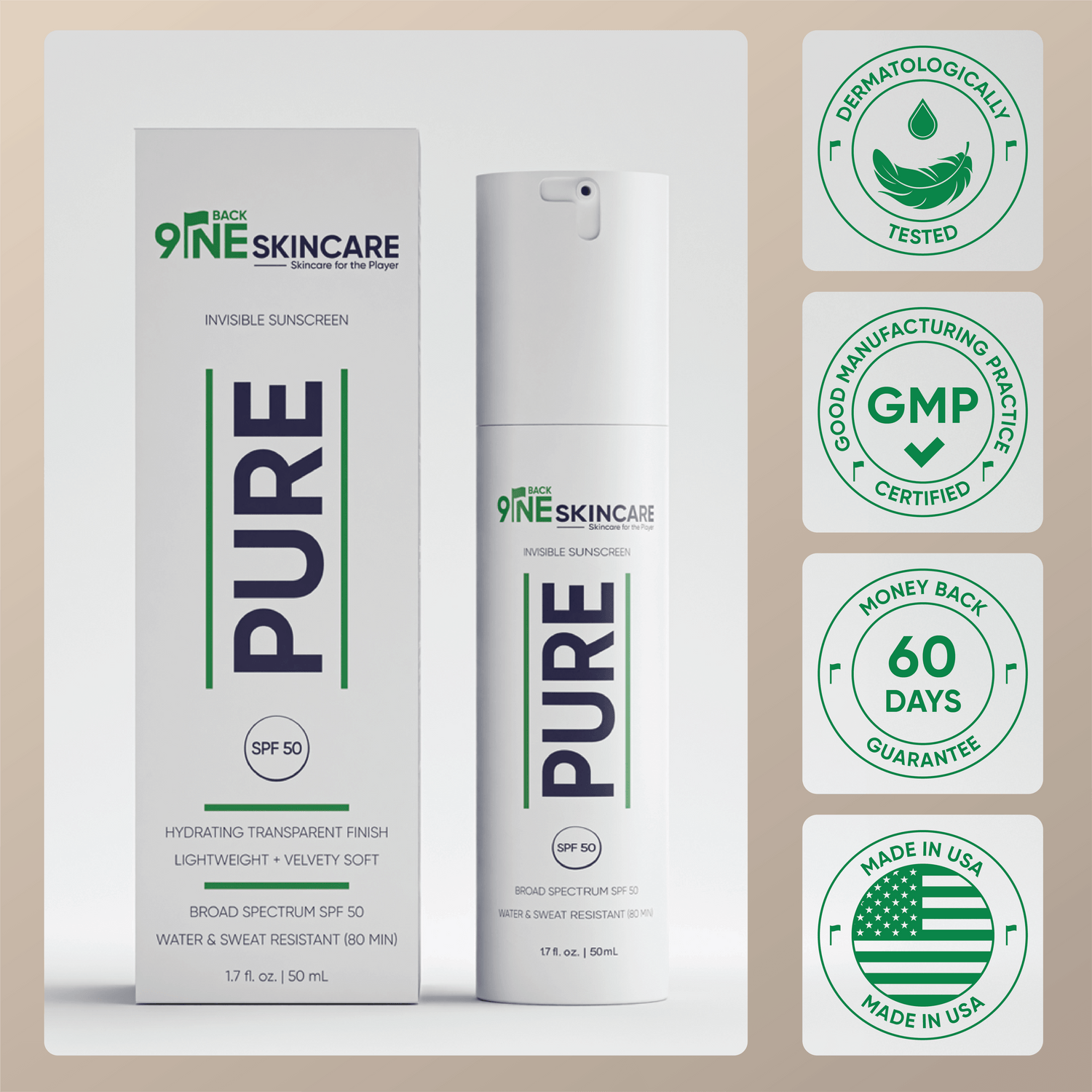 Best sunscreen for face: Back9ine PURE SPF 50 broad spectrum formula, Dermatologically Tested, Made in USA
